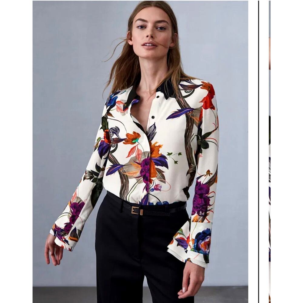 REISS Lupa Blouse US 6 Floral Botanical Print 100% Viscose Black Collar - Picture 4 of 12